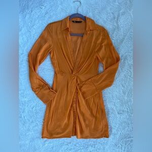 Zara Bright Orange Satin Knot Shirt Dress